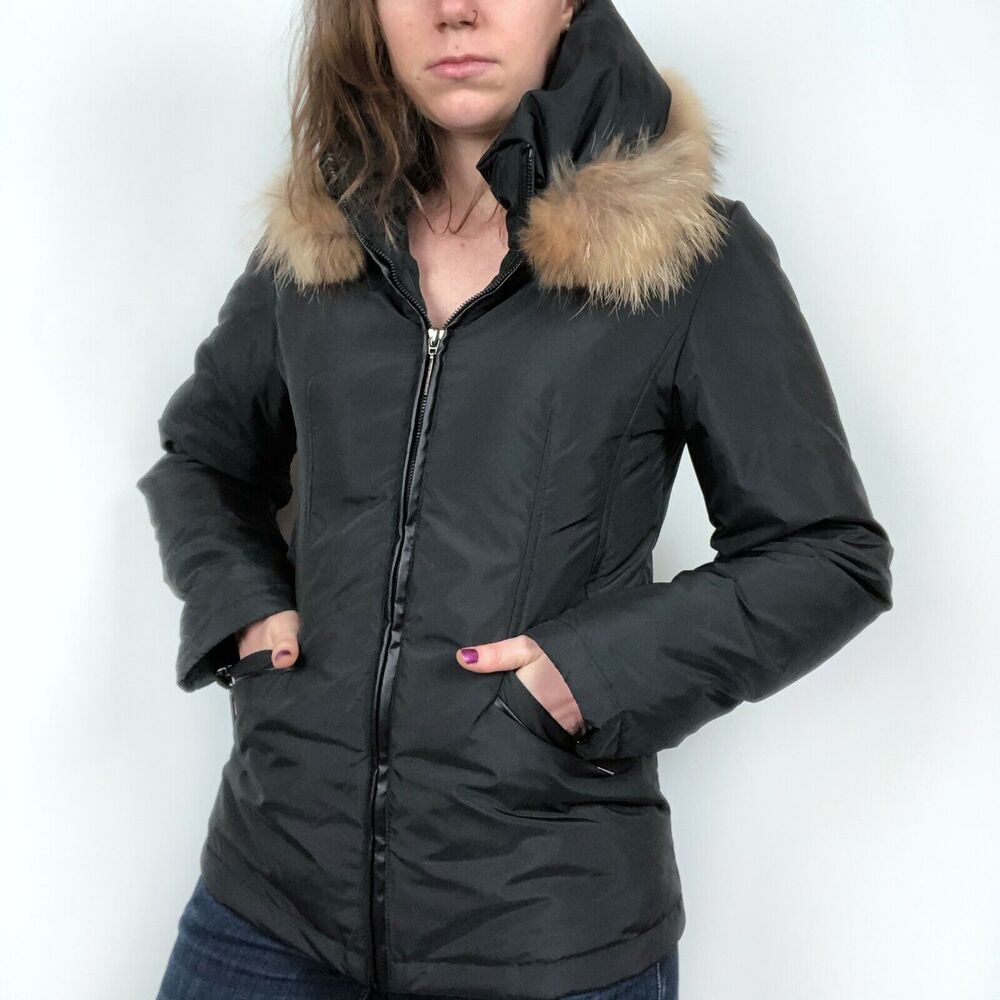 Via Spiga Black Faux Fur Collar Down Jacket Women's Size XS